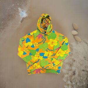 Polo Ralph Lauren Floral Spa Hoodie Medium Sweater Tropical Hibiscus Orange Vtg